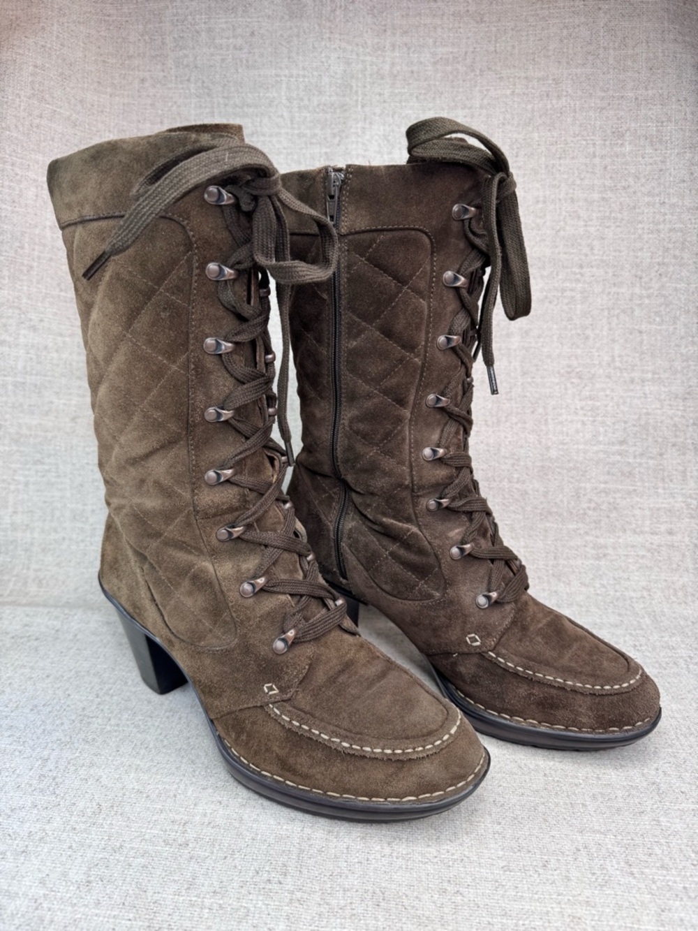Sofft Saige Mid Calf Lace Up‎ Brown Suede Heeled Boots in size 10